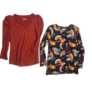 Chico's Lot 2 Tops Blouses Size 0 Small Rust Floral Knit Long Sleeve Shoulder